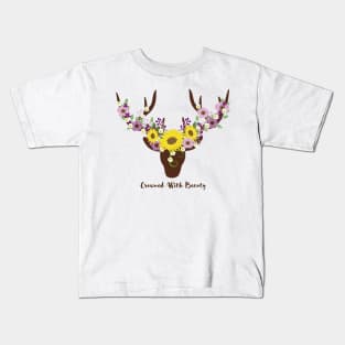 Crowned With Beauty Deer Antler Sunflower Kids T-Shirt